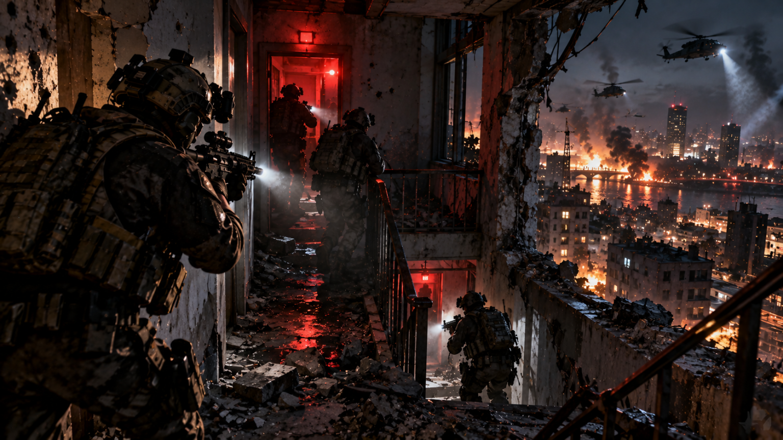 Żołnierze przemierzają zniszczony budynek podczas kampanii Modern Warfare 4