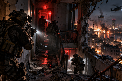 Żołnierze przemierzają zniszczony budynek podczas kampanii Modern Warfare 4