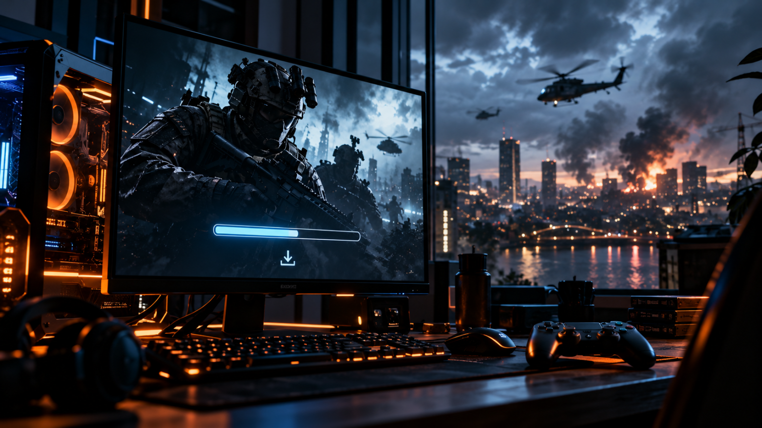 Stanowisko gamingowe z pobieraniem Modern Warfare 4 na komputerze
