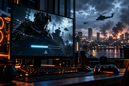 Stanowisko gamingowe z pobieraniem Modern Warfare 4 na komputerze