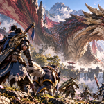 Łowca Monster Hunter Rise walczy z ogromnym potworem w górskiej krainie