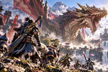 Łowca Monster Hunter Rise walczy z ogromnym potworem w górskiej krainie
