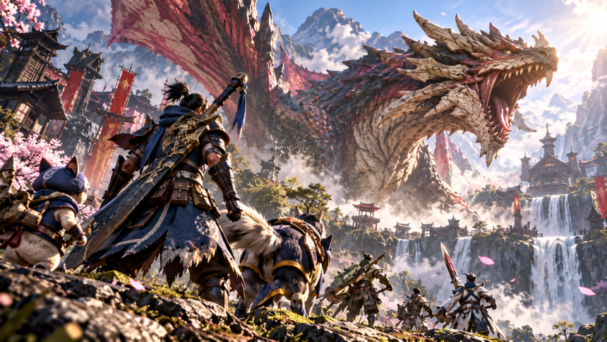Łowca Monster Hunter Rise walczy z ogromnym potworem w górskiej krainie