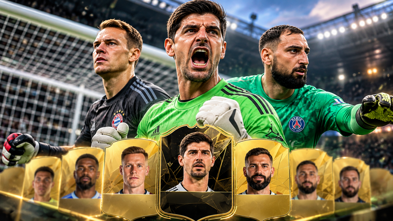 Bramkarze na tle stadionu piłkarskiego i kart inspirowanych Ultimate Team