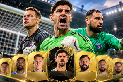 Bramkarze na tle stadionu piłkarskiego i kart inspirowanych Ultimate Team