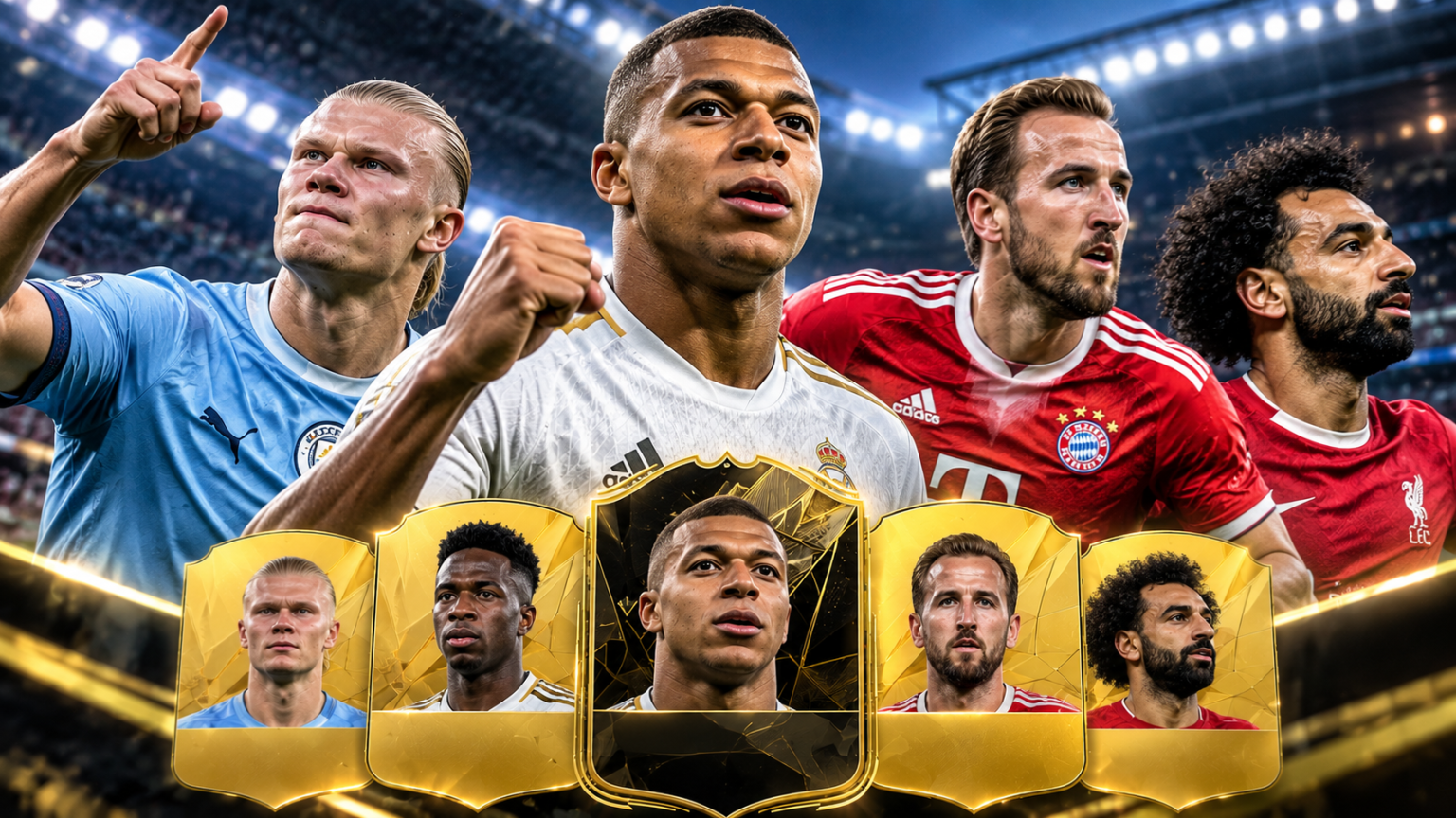 Piłkarze ofensywni na tle oświetlonego stadionu i kart inspirowanych Ultimate Team