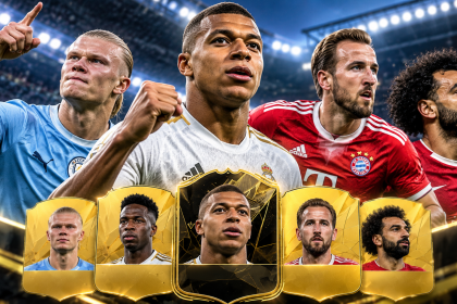 Piłkarze ofensywni na tle oświetlonego stadionu i kart inspirowanych Ultimate Team