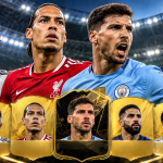 Piłkarze defensywni na tle oświetlonego stadionu i kart inspirowanych Ultimate Team