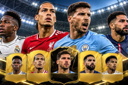 Piłkarze defensywni na tle oświetlonego stadionu i kart inspirowanych Ultimate Team
