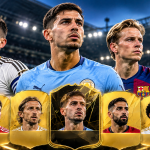 Piłkarze środka pola na tle oświetlonego stadionu i kart inspirowanych Ultimate Team