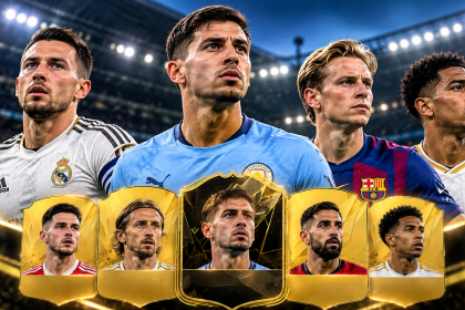 Piłkarze środka pola na tle oświetlonego stadionu i kart inspirowanych Ultimate Team
