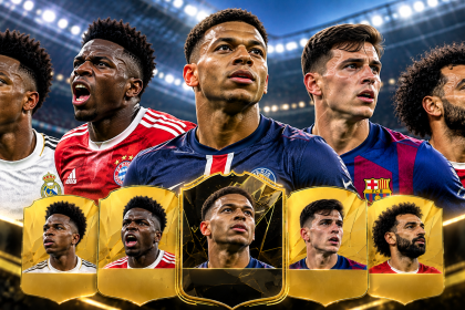 Piłkarze ofensywni grający na skrzydłach na tle oświetlonego stadionu i kart inspirowanych Ultimate Team