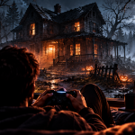 Gracz siedzi nocą przed ekranem i gra w horror w halloweenowej scenerii z nawiedzonym domem i dyniami
