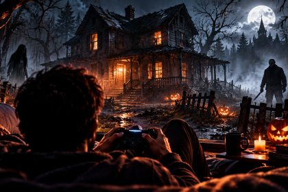 Gracz siedzi nocą przed ekranem i gra w horror w halloweenowej scenerii z nawiedzonym domem i dyniami