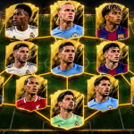 Najlepszy skład EA FC 27 do Ultimate Team – ranking Jedenastka piłkarska przedstawiona na kartach Ultimate Team połączonych liniami zgrania na tle stadionu