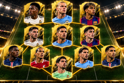 Jedenastka piłkarska przedstawiona na kartach Ultimate Team połączonych liniami zgrania na tle stadionu