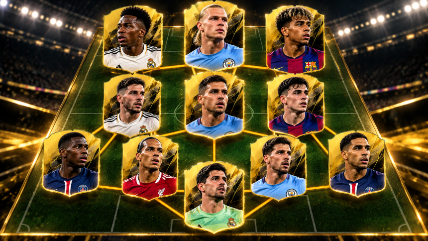 Jedenastka piłkarska przedstawiona na kartach Ultimate Team połączonych liniami zgrania na tle stadionu