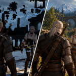 Geralt i Ciri na tle świata gry z błędami renderowania po lewej i poprawnym obrazem po prawej