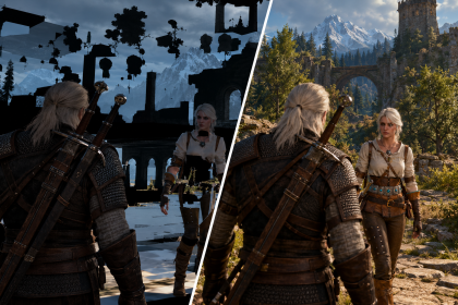 Geralt i Ciri na tle świata gry z błędami renderowania po lewej i poprawnym obrazem po prawej