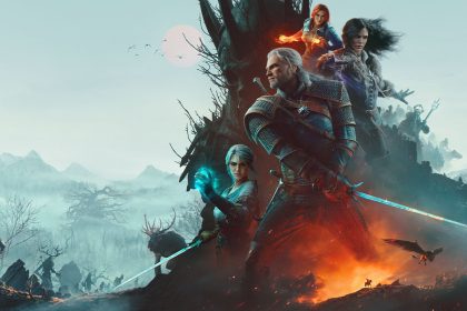 Geralt w wiedźmińskiej zbroi na tle mrocznego krajobrazu