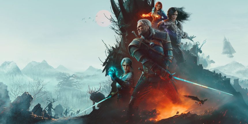 Geralt w wiedźmińskiej zbroi na tle mrocznego krajobrazu