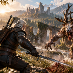 Geralt z dwoma mieczami staje do walki z potworem w górskiej dolinie