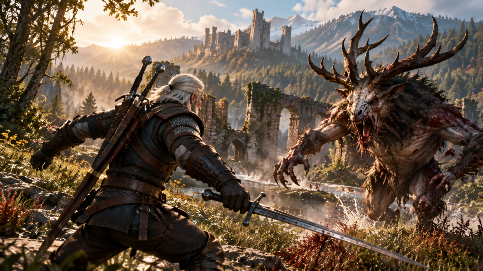 Geralt z dwoma mieczami staje do walki z potworem w górskiej dolinie