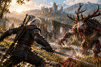 Geralt z dwoma mieczami staje do walki z potworem w górskiej dolinie