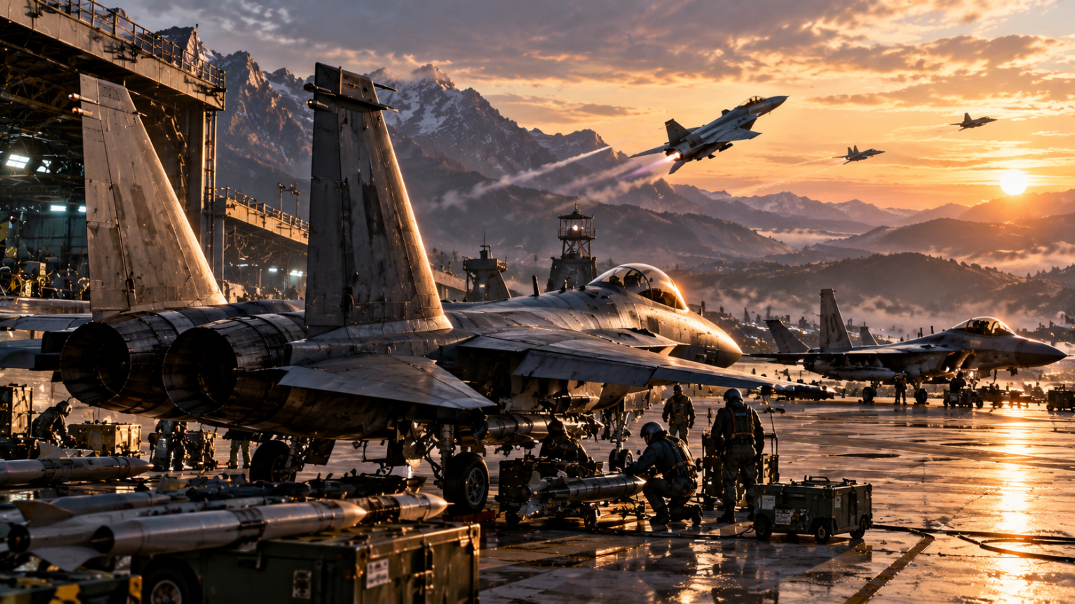 Myśliwiec bojowy na lotnisku w ACE COMBAT 8 podczas przygotowań do misji