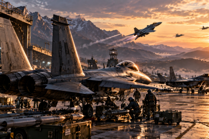 Myśliwiec bojowy na lotnisku w ACE COMBAT 8 podczas przygotowań do misji
