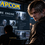 Prezentacja rozwoju RE Engine w studiu Capcom z ekranami narzędzi do tworzenia gier i postaciami z gier