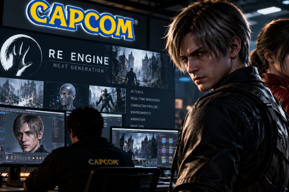 Prezentacja rozwoju RE Engine w studiu Capcom z ekranami narzędzi do tworzenia gier i postaciami z gier
