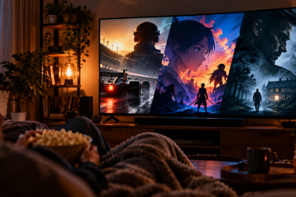 Osoba oglądająca filmy i seriale na telewizorze podczas wieczornego seansu w domu