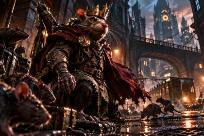 Rat King w koronie i płaszczu pośród szczurów na mrocznej, miejskiej ulicy