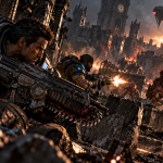 Marcus Fenix walczący z Szarańczą w Gears of War E-Day w zniszczonym mieście