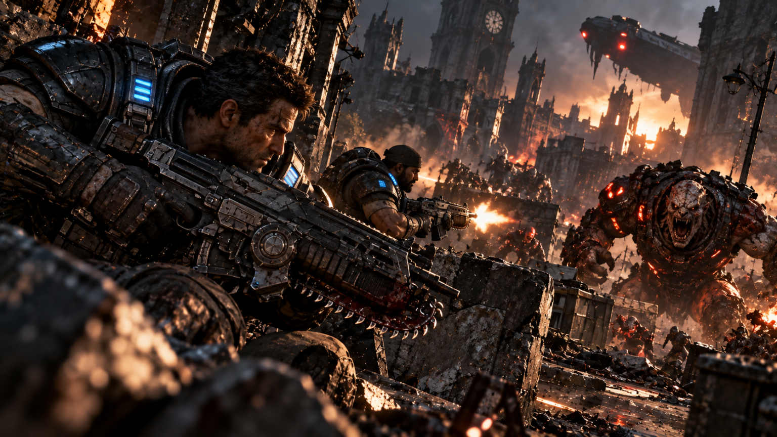 Marcus Fenix walczący z Szarańczą w Gears of War E-Day w zniszczonym mieście