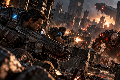 Marcus Fenix walczący z Szarańczą w Gears of War E-Day w zniszczonym mieście