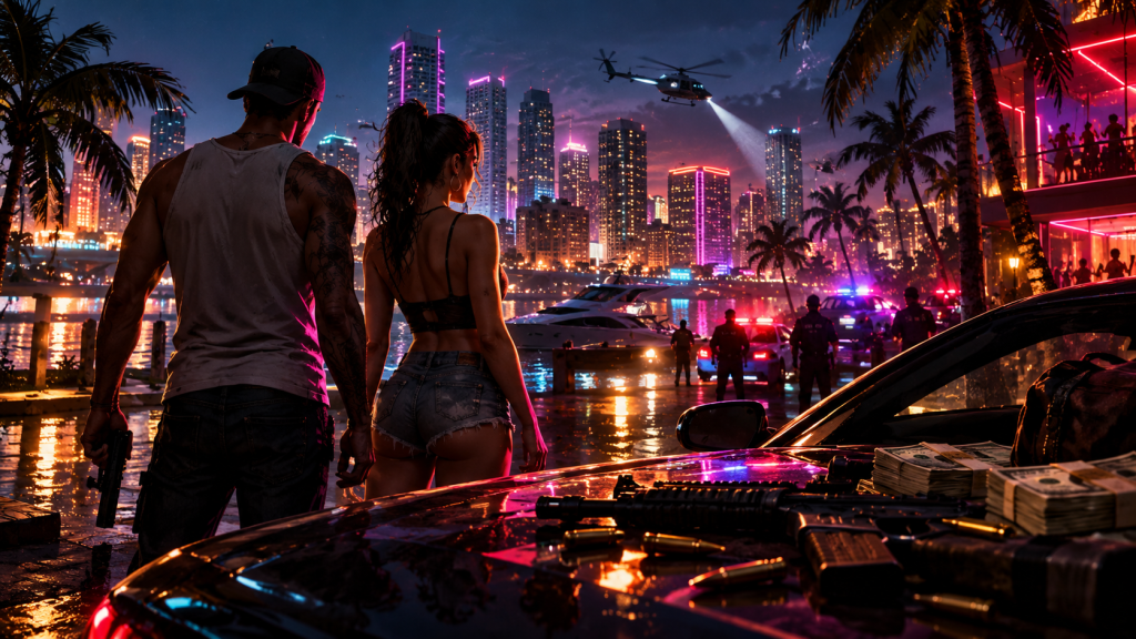 Jason i Lucia z GTA 6 obserwują nocne Vice City podczas policyjnej akcji