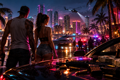 Jason i Lucia z GTA 6 obserwują nocne Vice City podczas policyjnej akcji