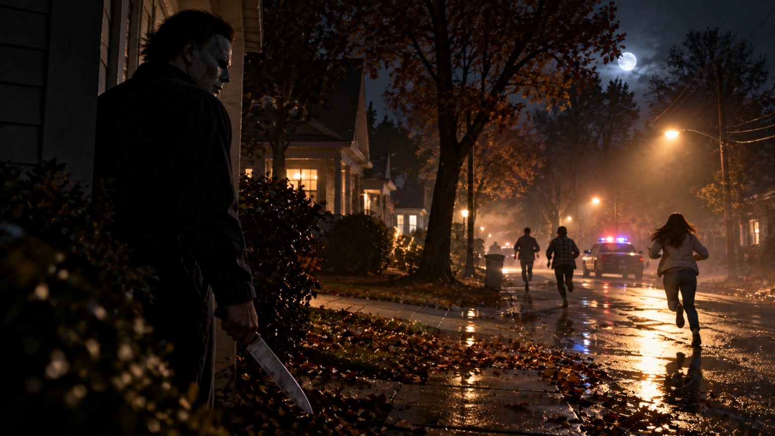 Michael Myers obserwujący uciekających mieszkańców Haddonfield nocą