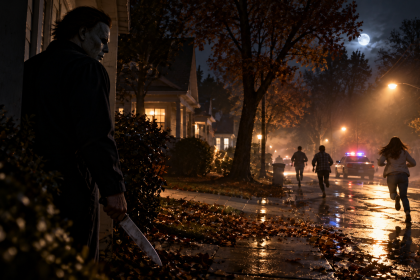 Michael Myers obserwujący uciekających mieszkańców Haddonfield nocą