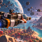 Statek kosmiczny Involved przelatuje nad kolorową planetą w stylu low-poly