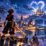 Sora z Keyblade na tle fantastycznego świata Kingdom Hearts