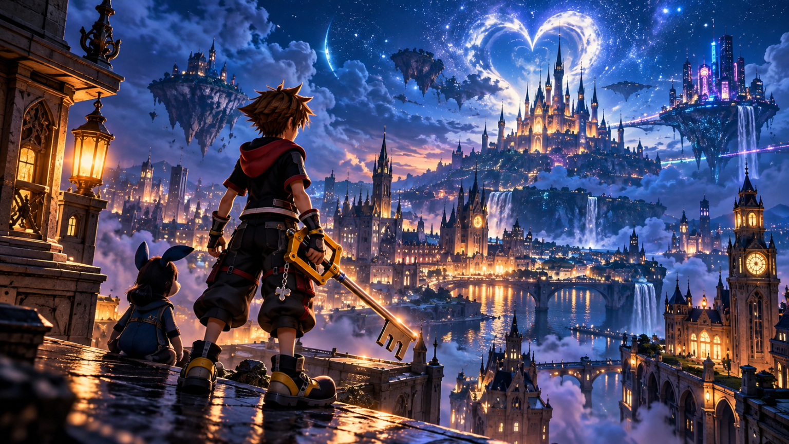 Sora z Keyblade na tle fantastycznego świata Kingdom Hearts