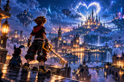 Sora z Keyblade na tle fantastycznego świata Kingdom Hearts