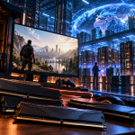 Moduły pamięci RAM i podzespoły PC na tle centrum danych AI