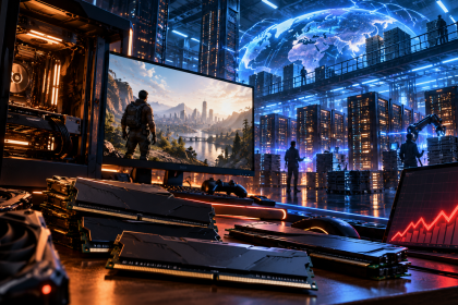 Moduły pamięci RAM i podzespoły PC na tle centrum danych AI