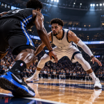 Zawodnik NBA 2K27 prowadzący piłkę przeciwko obrońcy na parkiecie