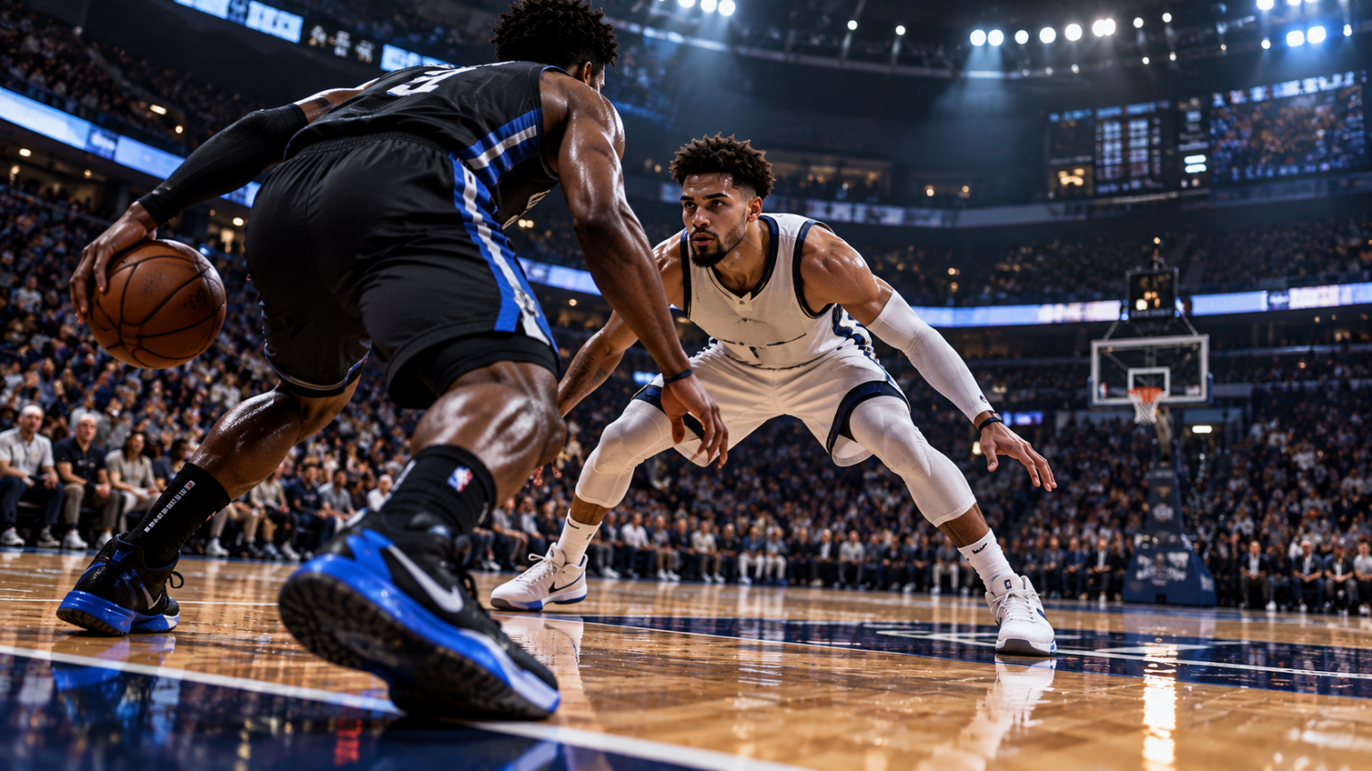 Zawodnik NBA 2K27 prowadzący piłkę przeciwko obrońcy na parkiecie