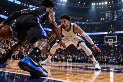 Zawodnik NBA 2K27 prowadzący piłkę przeciwko obrońcy na parkiecie